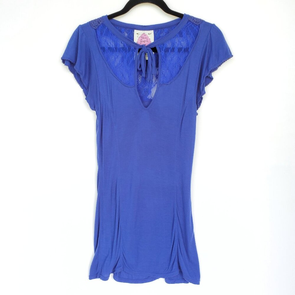 Vintage Free People Lace Flutter Sleeve Ruched Top Blue EUC